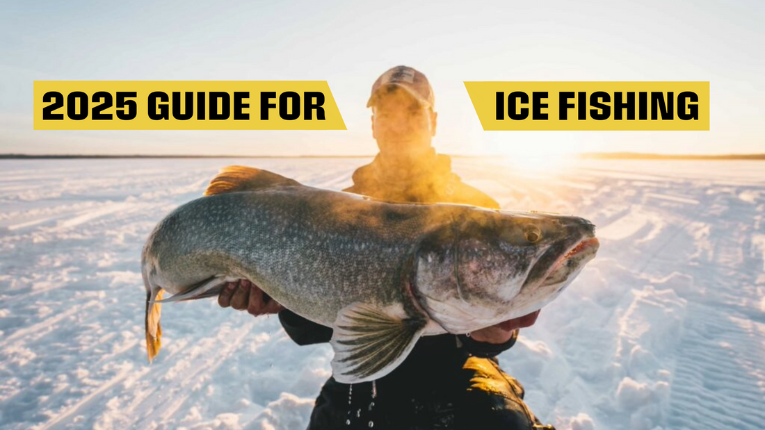 Angler holding a large fish on a frozen lake during ice fishing, showcasing a successful catch in cold winter conditions.